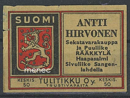 Tulitikkuetiketti, Antti Hirvonen, Rääkkylä, Haapasalmi 