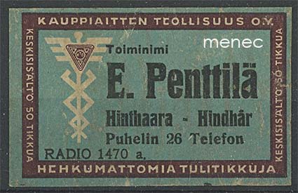 Kauppiasetiketti, E. Penttilä, Hinthaara, Porvoo 