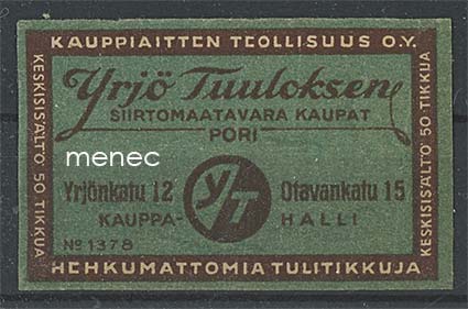 Kauppiasetiketti, Yrjö Tuuloksen Siirtomaatavara Kaupat, Pori 