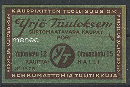 Kauppiasetiketti, Yrjö Tuuloksen Siirtomaatavara Kaupat, Pori 