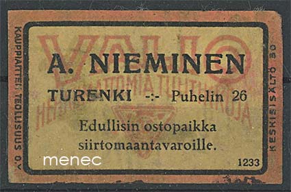 Kauppiasetiketti, A. Nieminen, Turenki 