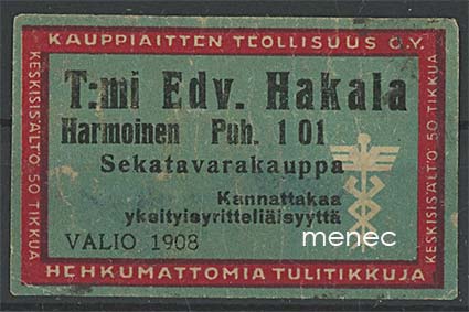 Kauppiasetiketti, T:mi Edv. Hakala, Harmoinen, Kuhmoinen 