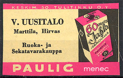 Kauppiasetiketti, Paulig, V. Uusitalo, Marttila, Hirvas 