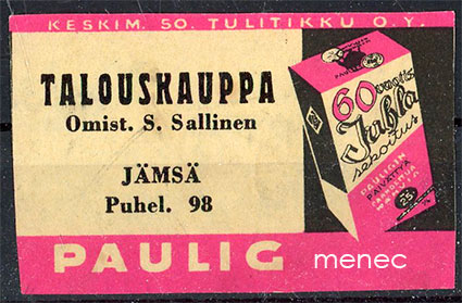 Kauppiasetiketti, Paulig, Talouskauppa, omist. S. Sallinen, Jämsä 