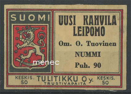 Tulitikkuetiketti, Uusi Kahvila Leipomo Om O. Tuovinen, Nummi 