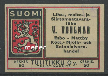 Tulitikkuetiketti, V. Vohlman, Espoo 