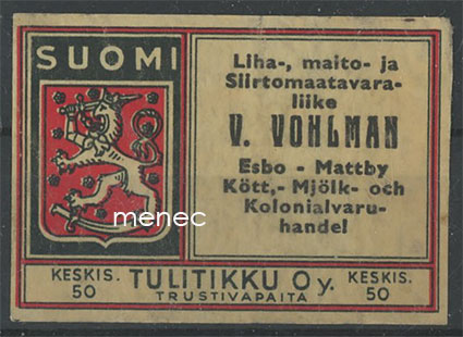 Tulitikkuetiketti, V. Vohlman, Espoo 
