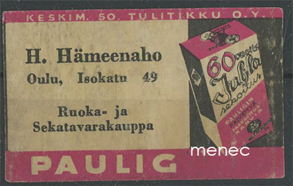 Kauppiasetiketti, Paulig, H. Hämeenaho, Oulu 
