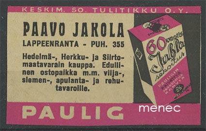 Kauppiasetiketti, Paulig, Paavo Jakola, Lappeenranta 