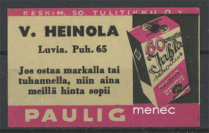 Kauppiasetiketti, Paulig, V. Heinola, Luvia 