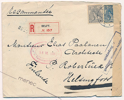 Postilähetys, Alankomaat 1916, kirjattu 10+12,5c, Suomeen 
