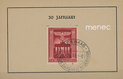 Saksa, 10 vuotta Hitlerin valtaannoususta, keräilyliuskan leimaus 14.4.1945 den Haag - Deutsche Dienstpost Niederlande 