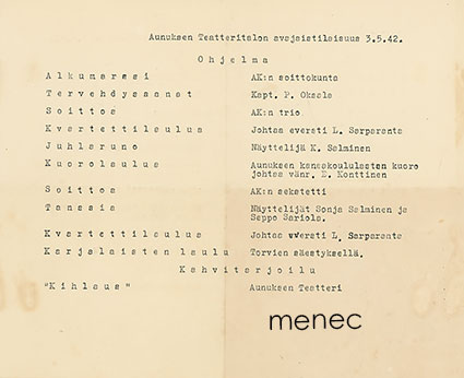 Aunuksen Teatteritalon avajaistilaisuus 3.5.42. Ohjelma 
