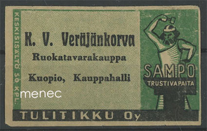Seppä-etiketti, vanha malli, vihreä, K. V. Veräjänkorva, Kuopio, Kauppahalli 