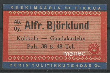 Kauppiasetiketti, Alfr. Björklund, Kokkola 