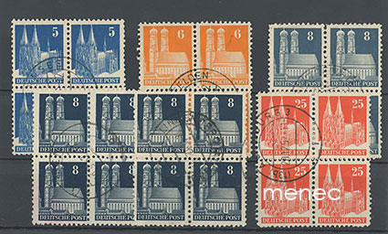 Saksa, liittoutuneitten miehitysvyöhyke (amer.-britt. alue) 1948, käyttösarjaa, 6 kulkenutta nelilöä + 24 kpl 