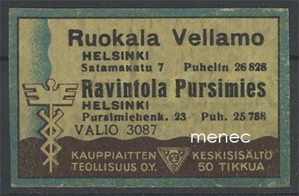 Tulitikkuetiketti, Ruokala Vellamo / Ravintola Pursimies, Helsinki 