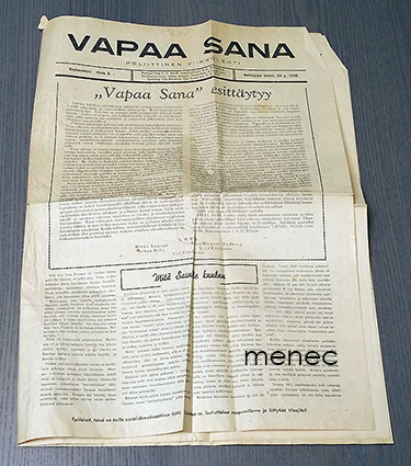 Vapaa Sana. Poliittinen viikkolehti. Näytenumero 24.7.1940 