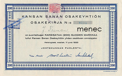 Kansan Sanan Osakeyhtiö, IKL, osakekirja 11.3.1933, 200 mk 