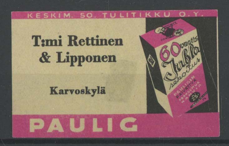 Kauppiasetiketti, Paulig, T:mi Rettinen & Lipponen, Karvoskylä, Nivala 