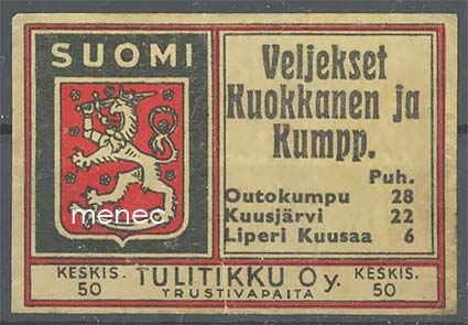 Tulitikkuetiketti, Veljekset Kuokkanen ja Kumpp., Outokumpu 