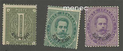 Italia, ulkomaantoimistojen Estero-yleismerkkejä 1874-1882, 3 kpl 
