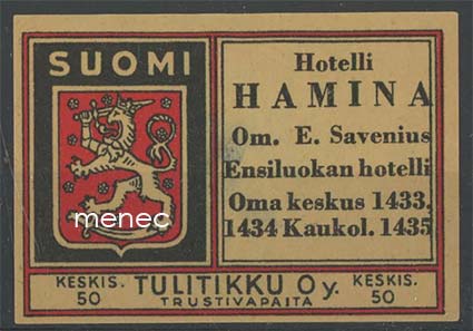 Tulitikkuetiketti, Hotelli Hamina, om. E. Savenius 