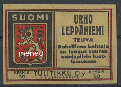 Tulitikkuetiketti, Urho Leppäniemi, Teuva 