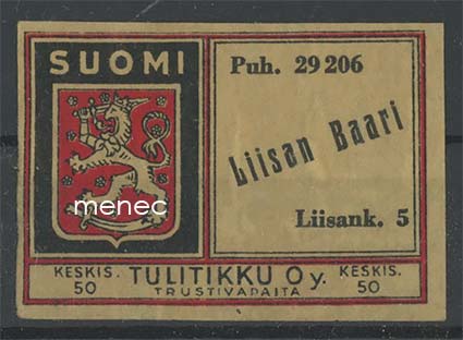 Tulitikkuetiketti, Liisan Baari, Liisankatu 5 [ilm. Helsinki] 