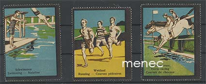 Eurooppalaisia mainosmerkkejä, kolmikielisiä urheiluaiheita, 3 kpl 