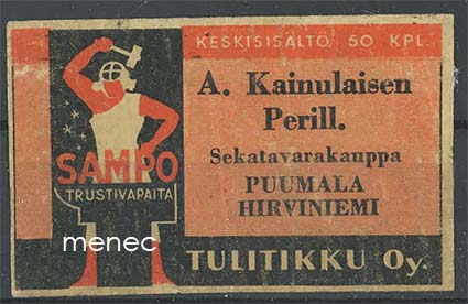 Seppä-etiketti, A. Kainulaisen Perill., Puumala, Hirviniemi 