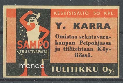 Seppä-etiketti, Y. Karra, Peipohja (sekatavarakauppa), Köyliö (tiilitehdas) 