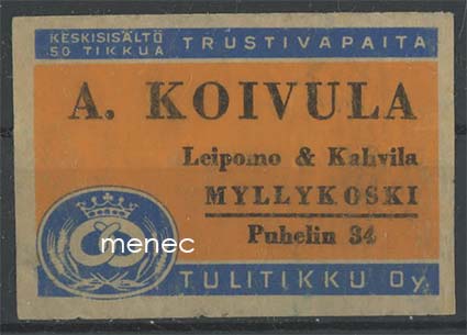 Kauppiasetiketti, A. Koivula, Myllykoski, Kouvola 