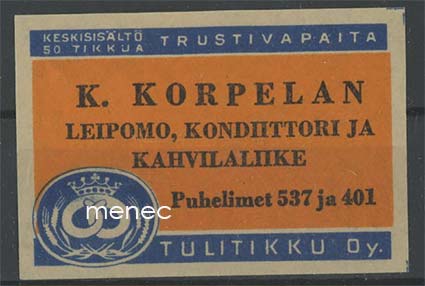 Kauppiasetiketti, K. Korpelan leipomo, kondiittori ja kahvilaliike 