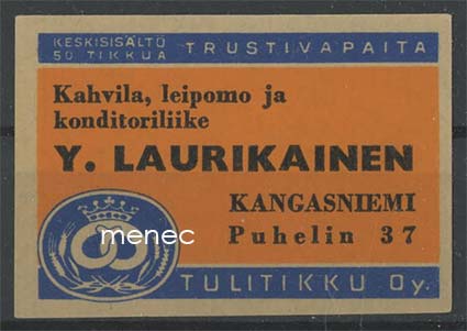 Kauppiasetiketti, Y. Laurikainen, Kangasniemi 