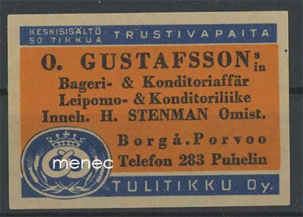Kauppiasetiketti, O. Gustafsson, Porvoo 