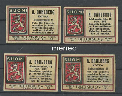 Tulitikkuetiketti, A. Dahlberg, Kotka, 4 kpl 