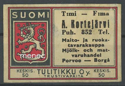 Tulitikkuetiketti, A. Kortejärvi, Porvoo 