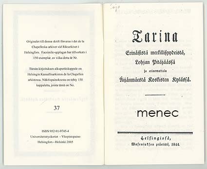 Capelle, Albrecht Fredrik Richard de la - Tarina Erinäisistä merkillisyydeistä, Lohjan Pitäjäässä ja erinomattain Äijänmäestä Koskisten Kylässä 