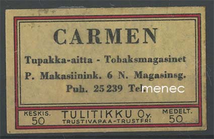 Kauppiasetiketti, Carmen, Tupakka-aitta, Helsinki 
