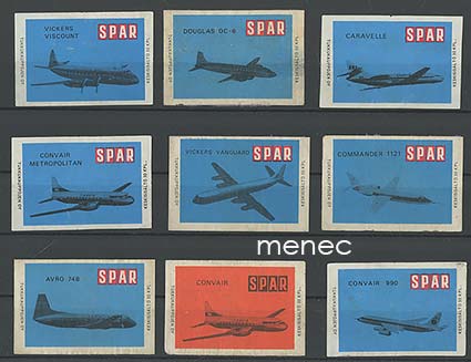 Tulitikkuetikettejä, Spar-lentokonesarjaa, 9 kpl 