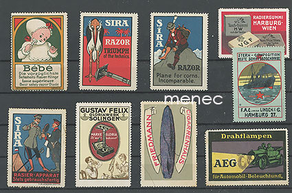 Eurooppalaisia mainosmerkkejä, partahöyliä ym, 8 kpl 