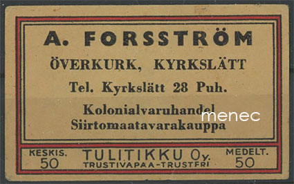 Kauppiasetiketti, A. Forsström. Överkurk, Kyrkslätt 