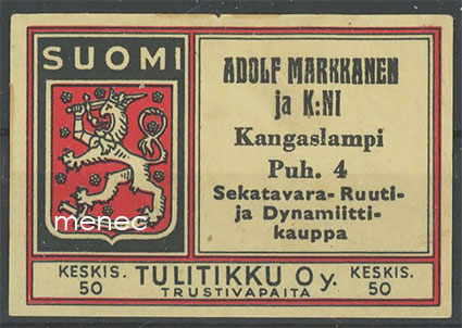 Kauppiasetiketti, Adolf Markkanen ja K:ni, Kangaslampi 