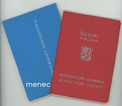 Purjelentäjän lupakirja ja lentopäiväkirja 1970 