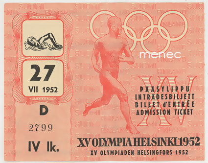[Pääsylippu] XV Olympia Helsinki 1952. Uimastadion, D (IV lk.). 27.7. 