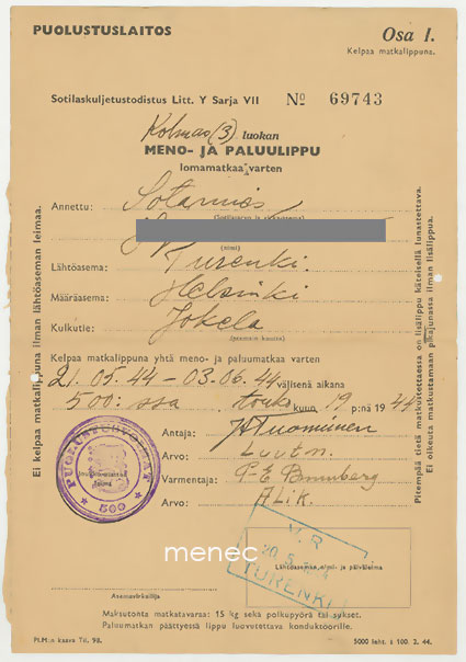 Meno- ja paluulippu lomamatkaa varten 20.5.1944 
