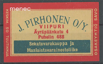 Kauppiasetiketti, J. Pirhonen, Viipuri 