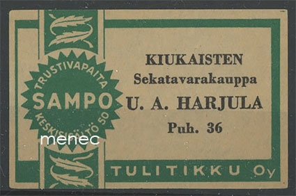 Kauppiasetiketti, Kiukaisten Sekatavarakauppa U. A. Harjula, vihreä 