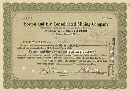 Boston and Ely Consolidated Mining Company, osakekirja  